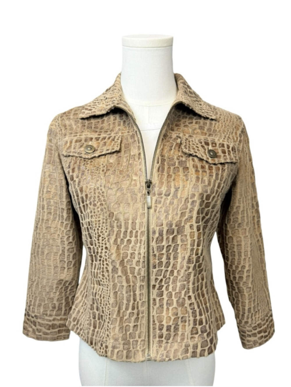 Ruby Rd Croc Embossed 3/4 Sleeve Jacket Y2K Structured Zip Up Tan Small